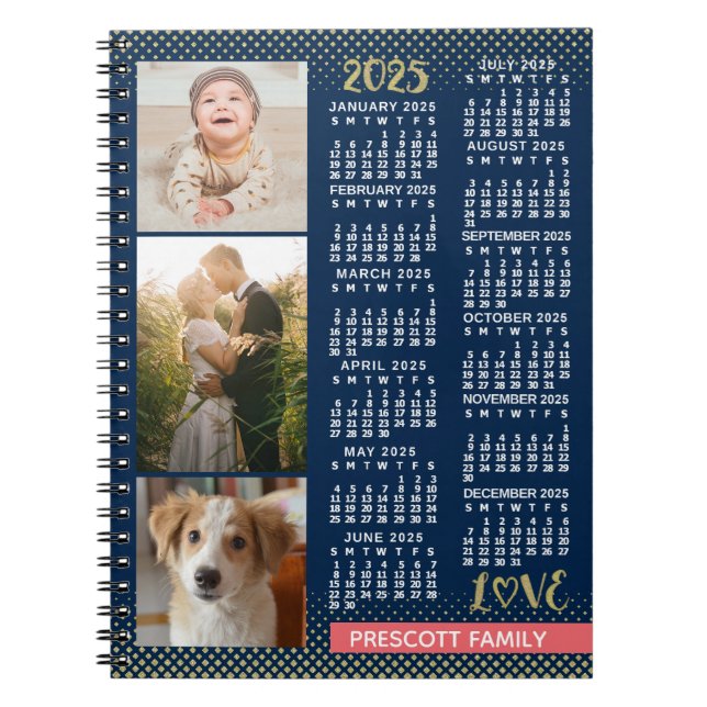 2025 Calendar Navy Koral Gold Familie Foto Collage Notizblock (Vorderseite)