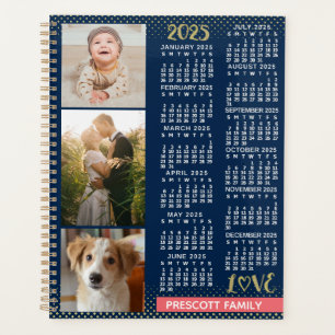 2025 Calendar Navy Koral Gold Familie Foto Collage Planer