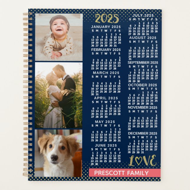 2025 Calendar Navy Koral Gold Familie Foto Collage Planer (Vorderseite)