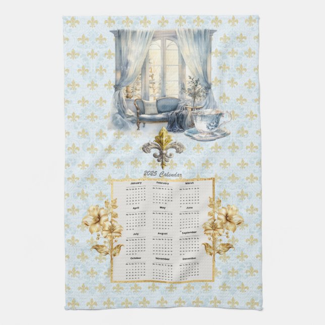 2025 Calendar Towel Blue Lilie Parisian Geschirrtuch (Vertikal)