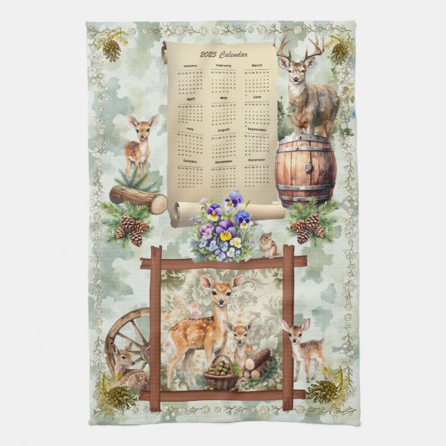 2025 Calendrier Serviette Deer Buck Pansies Acorns (Vertical)