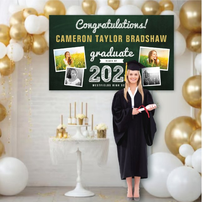 2025 Chalkboard Sketch 4 Foto Graduation Party Banner (2024 Green Chalkboard White Sketch, 4 Photo Graduation Party Banner @ www.zazzle.com/color_therapy)