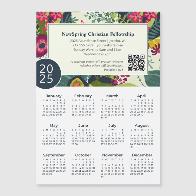 2025 Church Promo QR Code Farbenfrohe Blumenkalend Magnetkarte (Vorderseite)