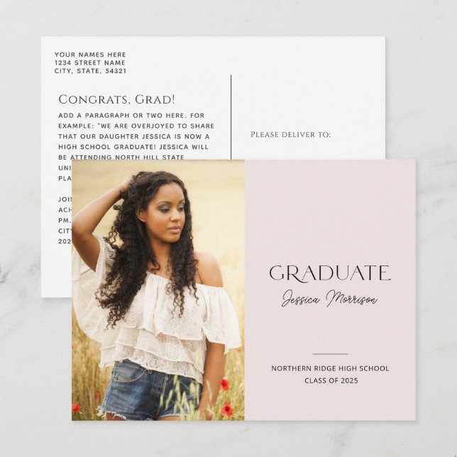 2025 Einfache moderne Rosa Rosa 1-Foto-Abschluss Postkarte (Vorne/Hinten)