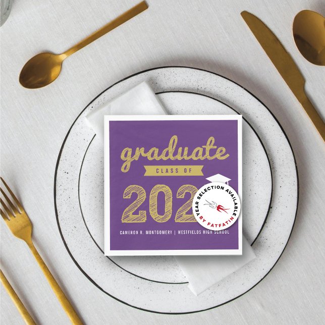 2025 Fett Gold Sketch Text Moderne Graduation Part Serviette (2026 Bold Gold Sketch Graduate On Purple Modern Graduation Party Paper Napkins @ color_therapy)