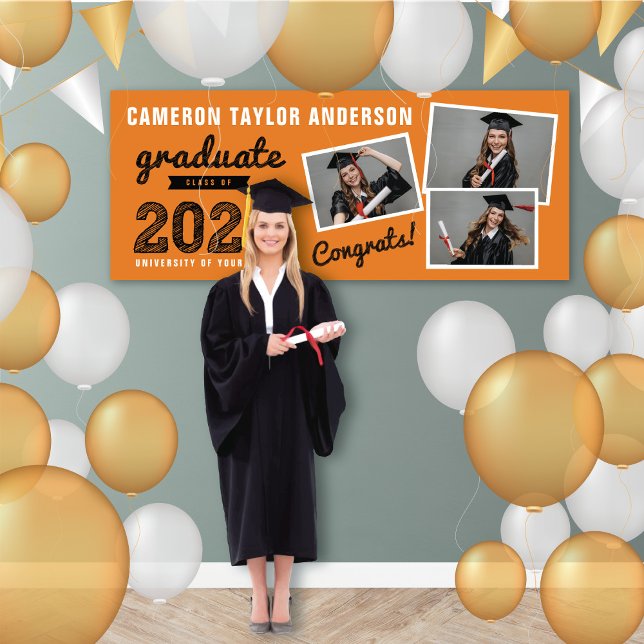 2025 Fett Sketch 3 Foto Collage Graduation Party Banner (2024 Orange And Black Sketch, 3 Photo Modern Graduation Party Banner @ www.zazzle.com/color_therapy)