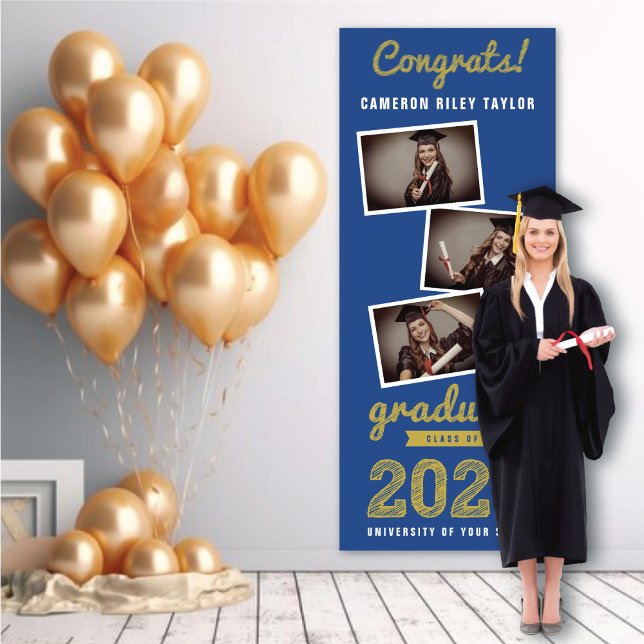 2025 Fett Sketch 3 Foto Collage Graduation Party Banner (2024 Blue & Gold Sketch 3 Photo Modern Graduation Party Banner @ www.zazzle.com/color_therapy)