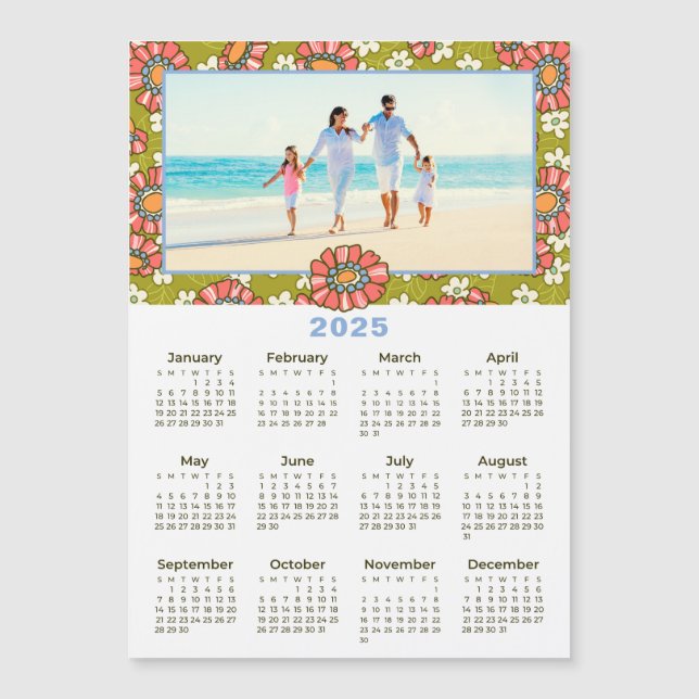 2025 Foto Retro Blumenkalender Magnetkarte (Vorderseite)