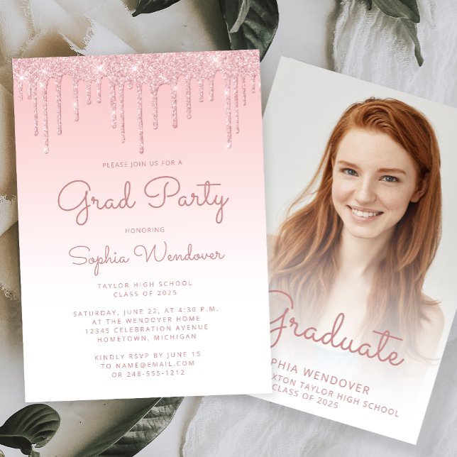 2025 Glam Blush Pink Glitzer Tropfen Foto Abschlus Einladung (Von Creator hochgeladen)