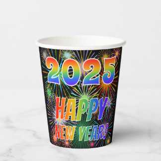 2025 GLÜCKLICH NEUES JAHR!, farbenfrohe Feuerwerk  Pappbecher