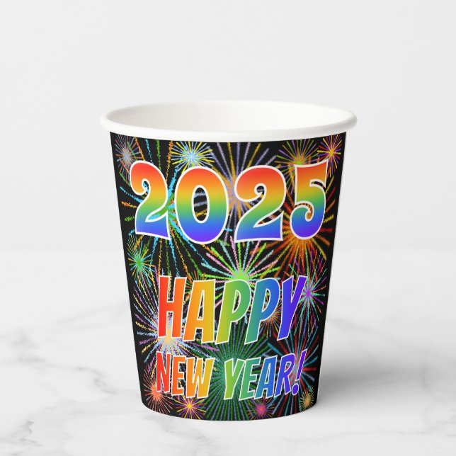 2025 GLÜCKLICH NEUES JAHR!, farbenfrohe Feuerwerk  Pappbecher (Rückseite)
