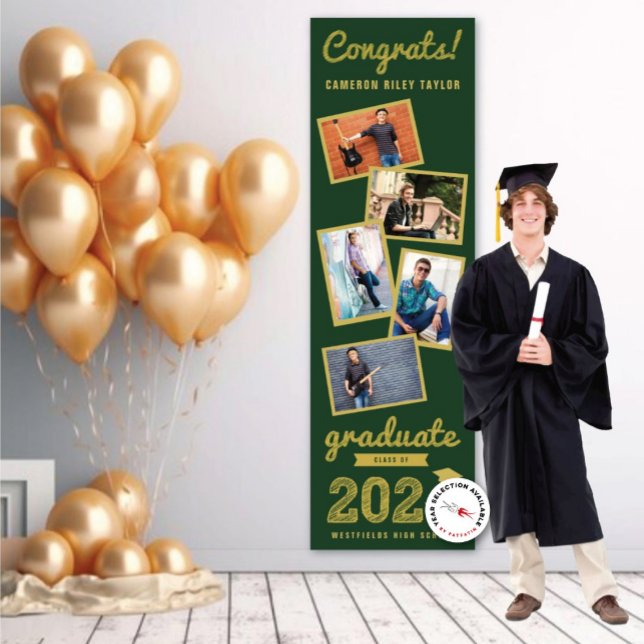 2025 Gold Sketch 5 Foto Collage Graduation Party Banner (20YY Dark Green & Gold Sketch, 5 Photo Graduation Party Banner @ www.zazzle.com/color_therapy)