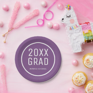 2025 Grad, Schulname Moderner Lila Abschluss Pappteller