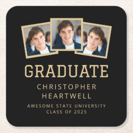 2025 Graduate 3-Foto Black and Gold Rechteckiger Pappuntersetzer