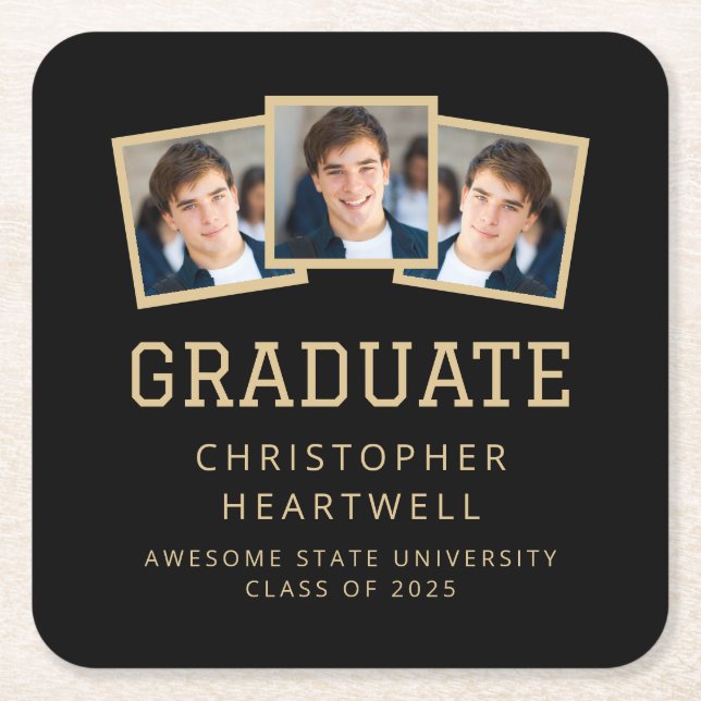 2025 Graduate 3-Foto Black and Gold Rechteckiger Pappuntersetzer (Vorderseite)