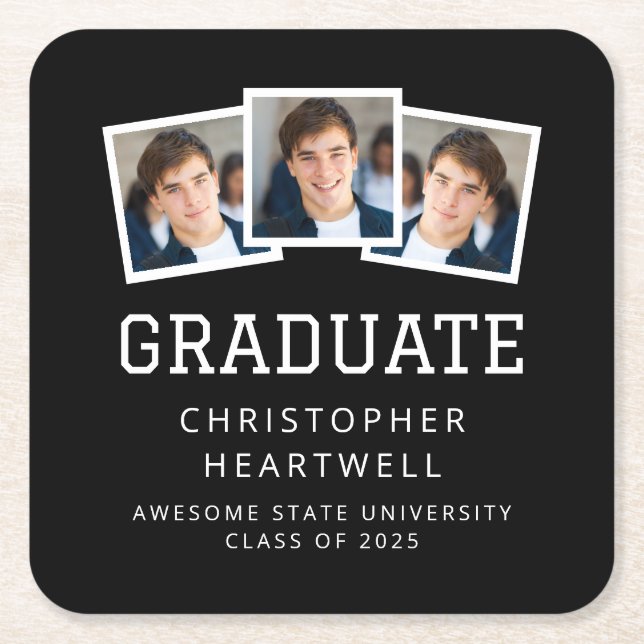 2025 Graduate 3-Foto Black and White Rechteckiger Pappuntersetzer (Vorderseite)