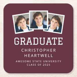 2025 Graduate 3-Foto Burgundy White Rechteckiger Pappuntersetzer