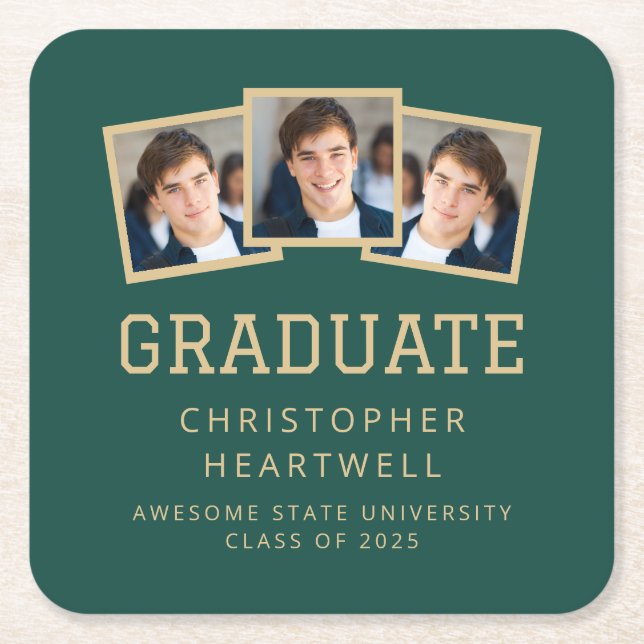 2025 Graduate 3-Foto Green Gold Rechteckiger Pappuntersetzer (Vorderseite)