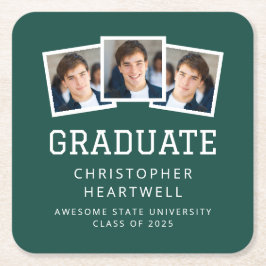 2025 Graduate 3-Foto Green White Rechteckiger Pappuntersetzer