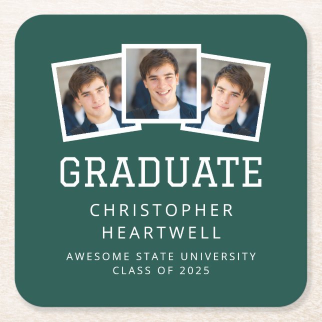 2025 Graduate 3-Foto Green White Rechteckiger Pappuntersetzer (Vorderseite)