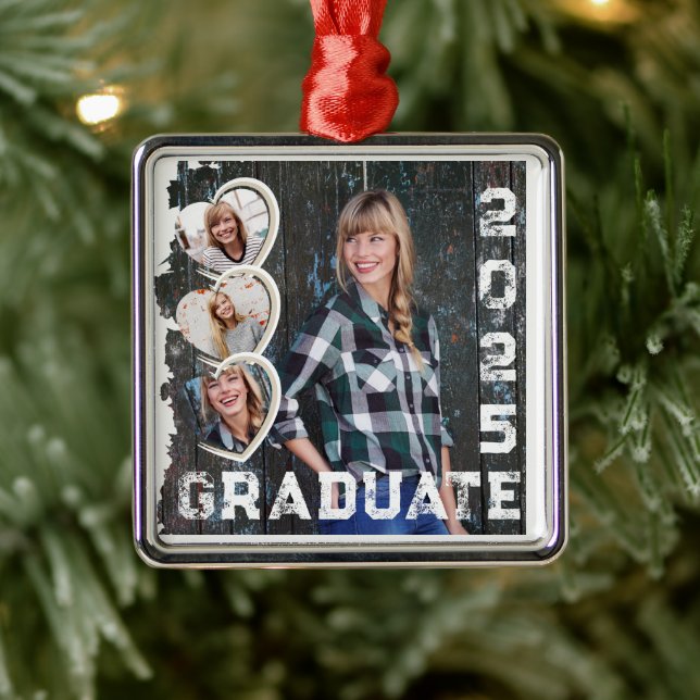 2025 Graduate Foto Heart Grunge Ornament Aus Metall (Baum)