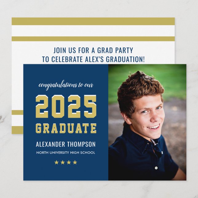 2025 Graduate Navy Gold Graduation Party Foto Einladung (Vorne/Hinten)