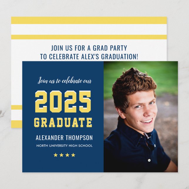 2025 Graduate Navy Yellow Graduation Party Foto Einladung (Vorne/Hinten)