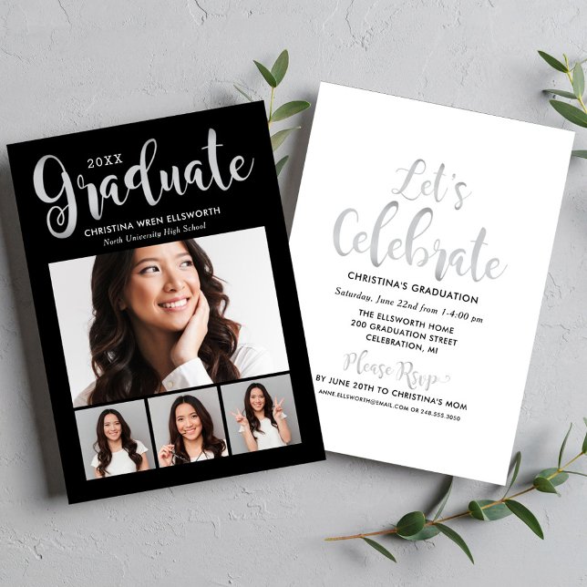 2025 Graduate Silver Script Foto Collage Party Einladung (Von Creator hochgeladen)