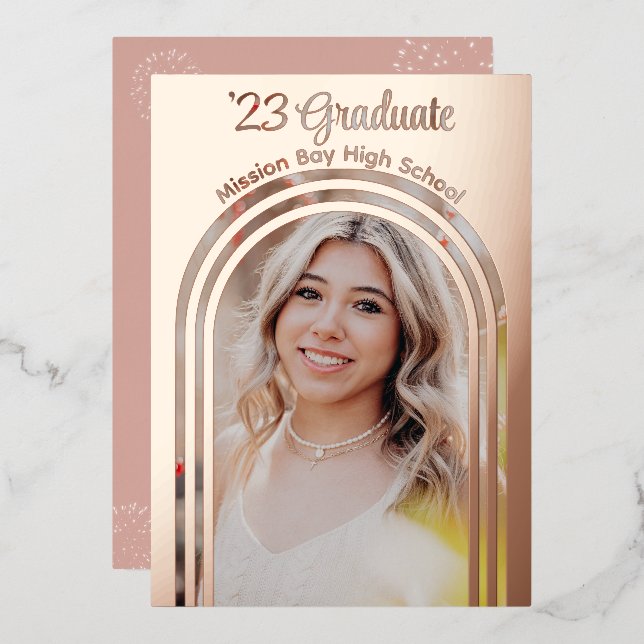 2025 Graduation Party Foto Arch Rose Folieneinladung (Vorderseite/Rückseite)