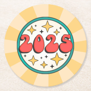 2025 Groovy Retro chubby Text und Sterne Runder Pappuntersetzer