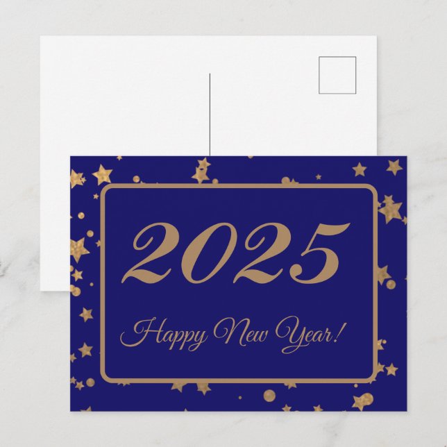 2025,Happy new year!gold stars & marine background Postkarte (Vorne/Hinten)