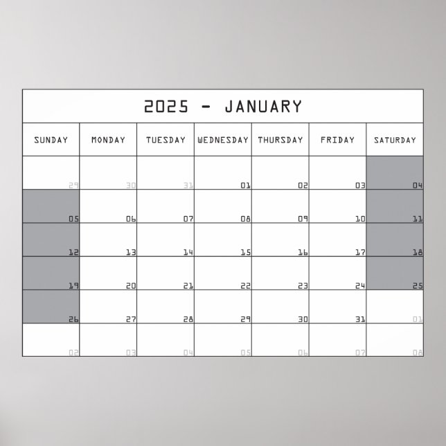 2025 Jauary Planer Kalender große Notizen Raum Poster (Vorne)
