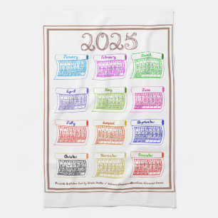 2025 Kalender Bolzen Stoff Schriftart 12 Monate in Geschirrtuch
