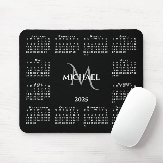 2025 Kalender Chic Monogramm Name auf schwarz Mousepad (Mit Mouse)