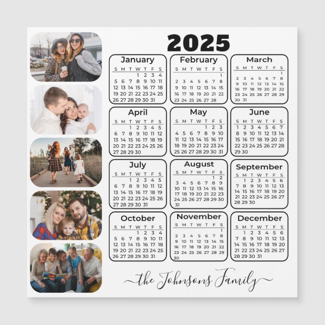 2025 Kalender Einfach Modernes 5 Fotos Familienmag Magnetkarte (Vorderseite)
