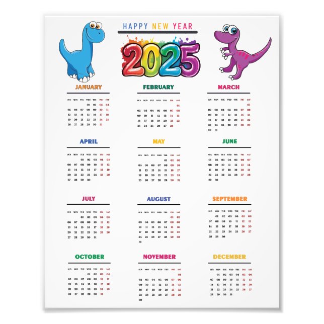 2025 Kalender farbenfroh Funny Dinosaur Fotodruck (Vorne)