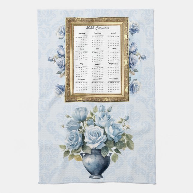 2025 Kalender Handtuch blau Rose Küchentuch (Vertikal)