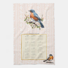 2025 Kalender Handtuch Robin Bird Peach Damask
