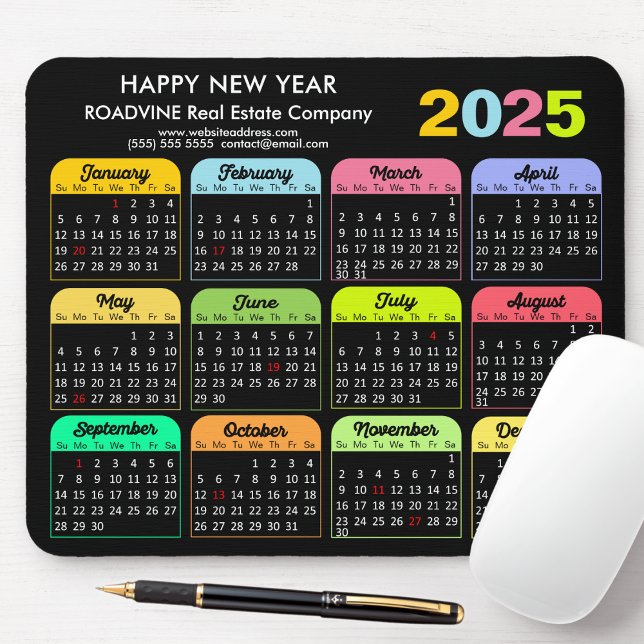 2025 Kalender Moderne Schwarze US-Ferien Unternehm Mousepad (Von Creator hochgeladen)
