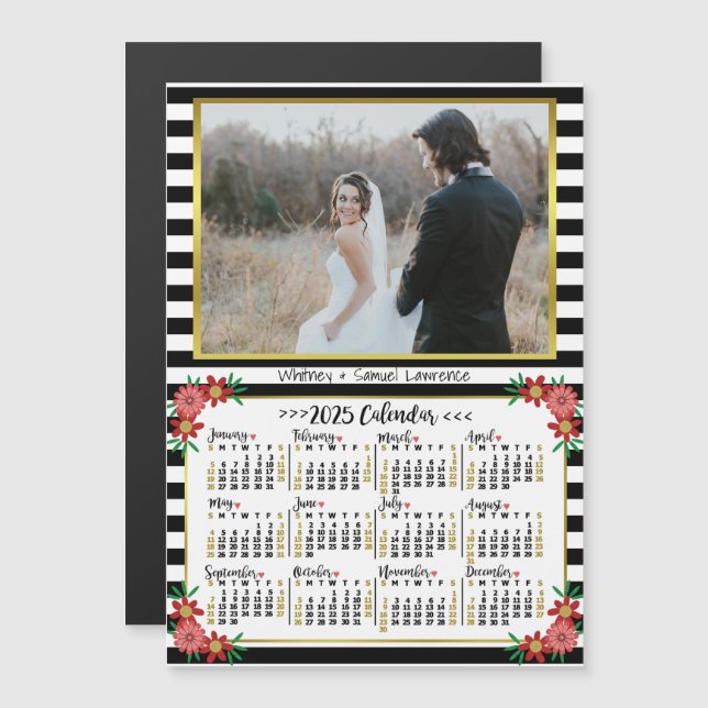 2025 Kalender Preppy Floral Stripes | Benutzerdefi Magneteinladung (Vorne/Hinten)