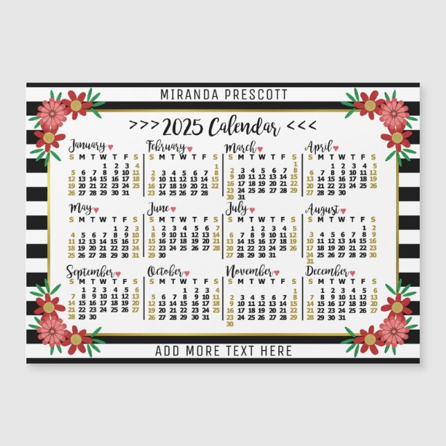 2025 Kalender Preppy Floral Stripes Custom Magnet (Vorderseite)
