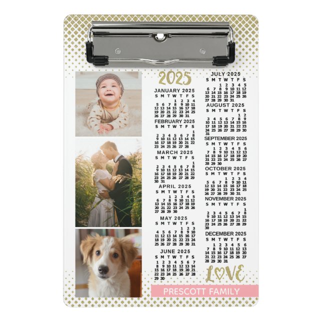 2025 Kalender Rosa Gold Familienfoto Collage Mini Klemmbrett (Vorderseite)