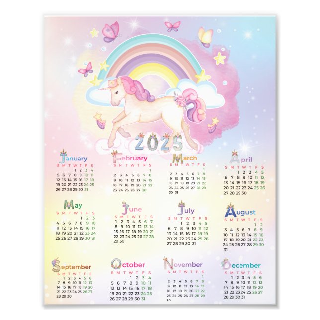 2025 Kalender Wasserfarbe Einhorn Rosa Regenbogen Fotodruck (Vorne)