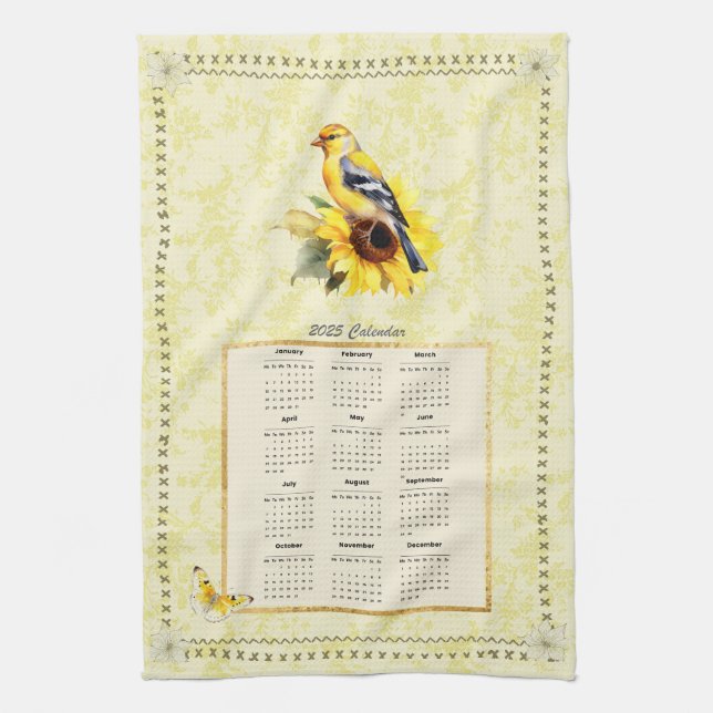 2025 Kalenderhandtuch Gelb Goldfinch Geschirrtuch (Vertikal)