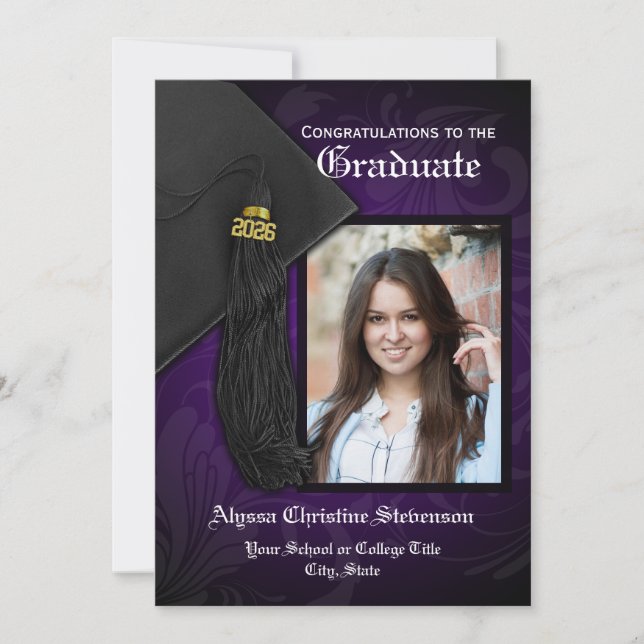 2025 Lila Black Tassel Charm Foto Abschluss Einladung (Vorderseite)