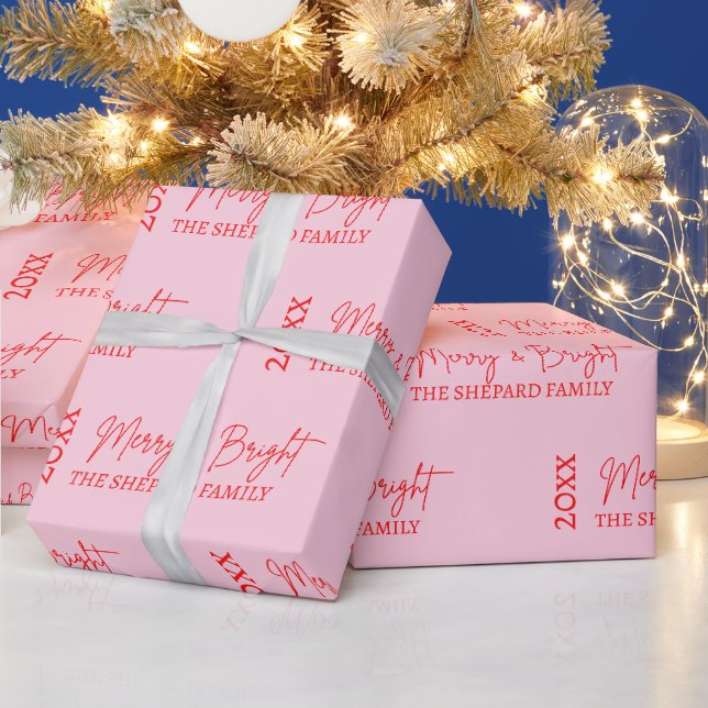 2025 Moderne frohe und helle Rosa Weihnachten Geschenkpapier (Feiertage)