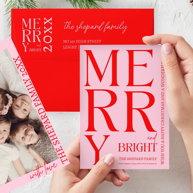 2025 Modernes Merry Bright Red Pink Weihnachts-Fot Einladung (Von Creator hochgeladen)