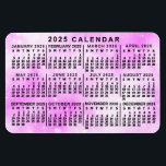 2025 Monatlicher Kalender Rosa Aquarellsterne Magnet<br><div class="desc">Dieser 2025-jährige flexible Magnet zeigt die Wochentage für jeden Monat in fett schwarz mit einem rosa Hintergrund,  der einen Aquarelleffekt und abstrakte Sterne hat. Dieses hübsche,  leicht zu lesende 2025 Design wird Ihnen helfen,  das neue Jahr zu erobern und immer das Datum zur Hand zu haben.</div>