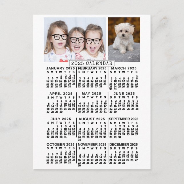 2025 Monatlicher Kalender weiß | Fotovorlage Postkarte (Vorderseite)