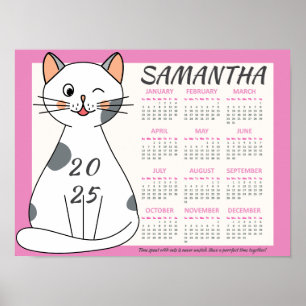 2025 Monats-Kalender Süße Rosa Spielende Weiße Kat Poster